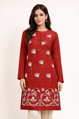 Floral Vine Embroidered Crimson Cotton Kurta