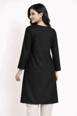 Floral Vine Embroidered Black Cotton Kurta