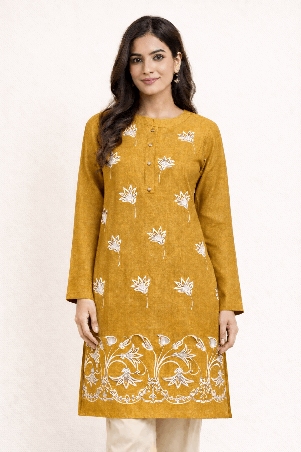 Floral Vine Embroidered Mustard Cotton Kurta