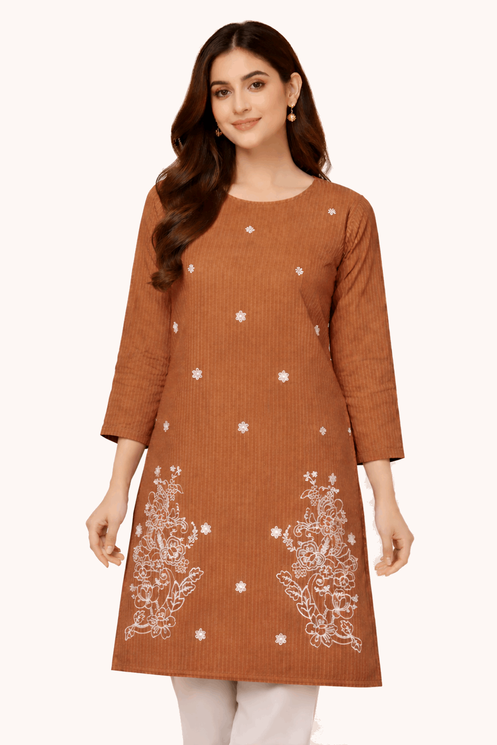 Brown Striped Floral Embroidered Kurta