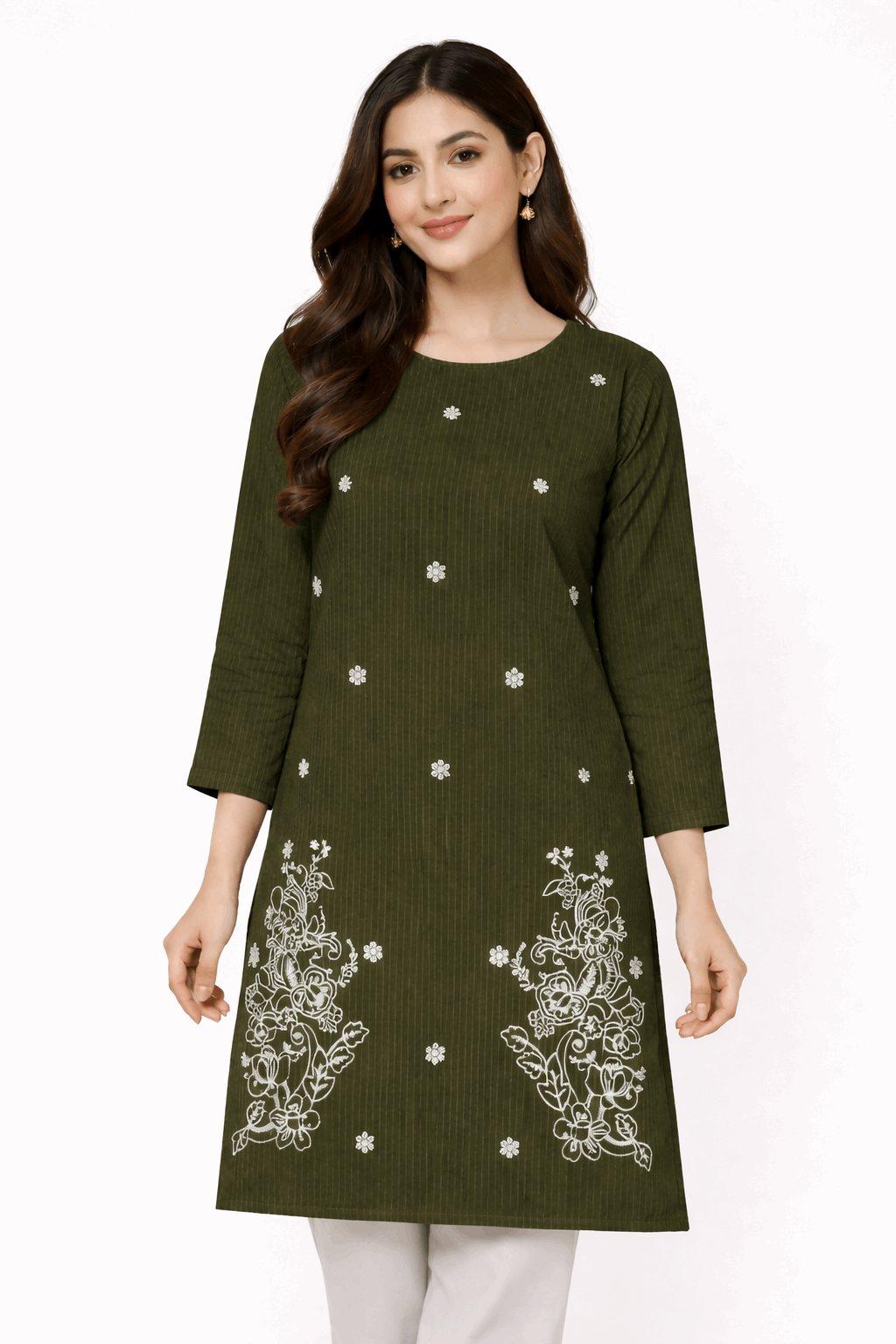 Olive Color Striped Floral Embroidered Kurta