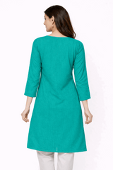 Teal Striped Floral Embroidered Kurta