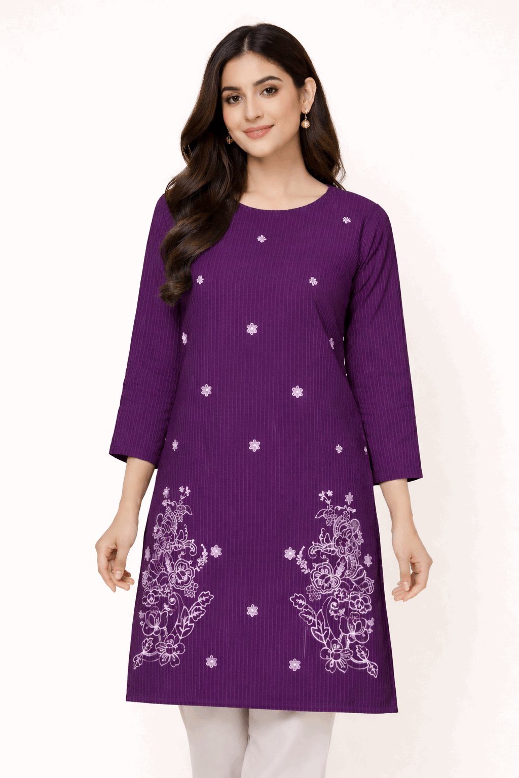 Purple Striped Floral Embroidered Kurta