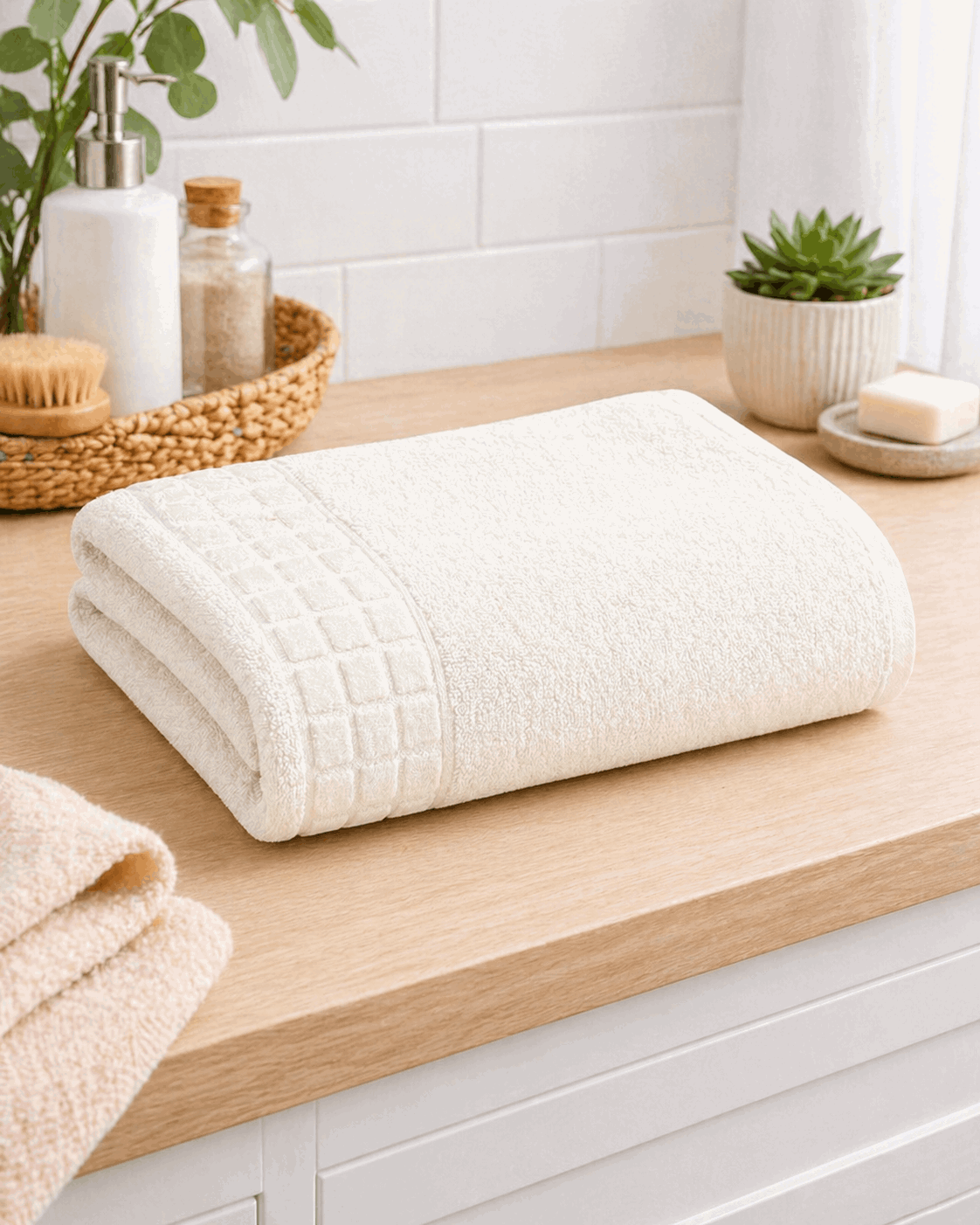 Cotton Hand Towel Waffle Border Set of 2