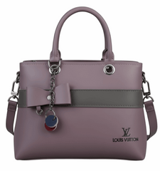 Dual-Handle Tan Crossbody Bag with Purple Stripe and Bow