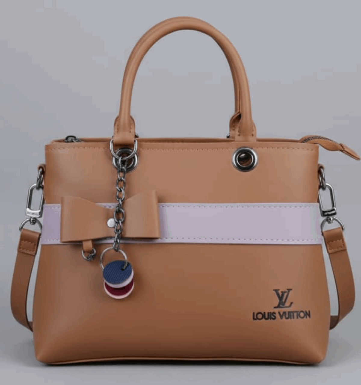 Dual-Handle Tan Crossbody Bag with Lilac Stripe and Bow