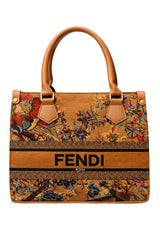 Fendi Roma Floral Embroidery Canvas Tote Bag - Mustard