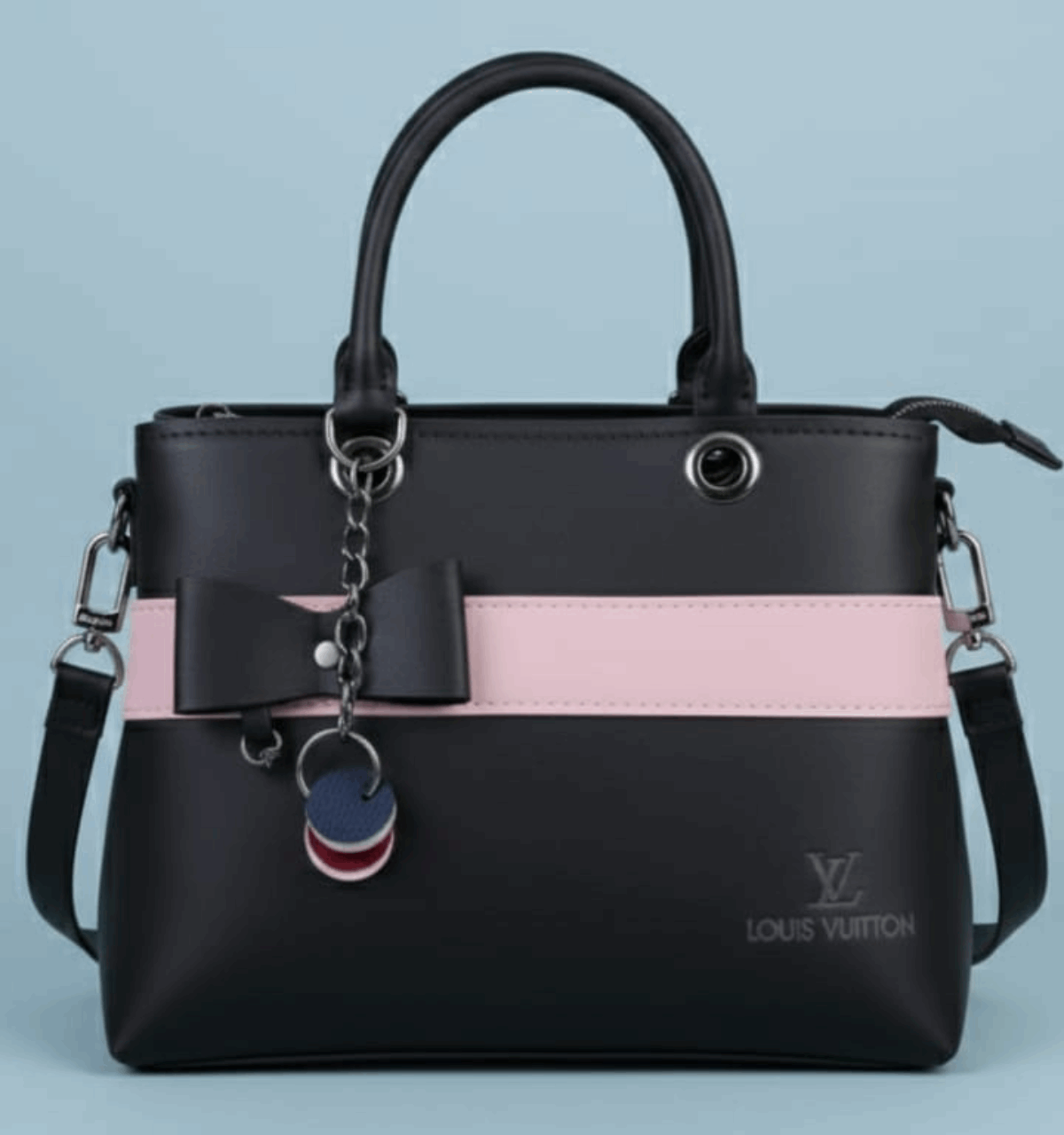 Dual-Handle Crossbody Bag with Purple Stripe and Bow