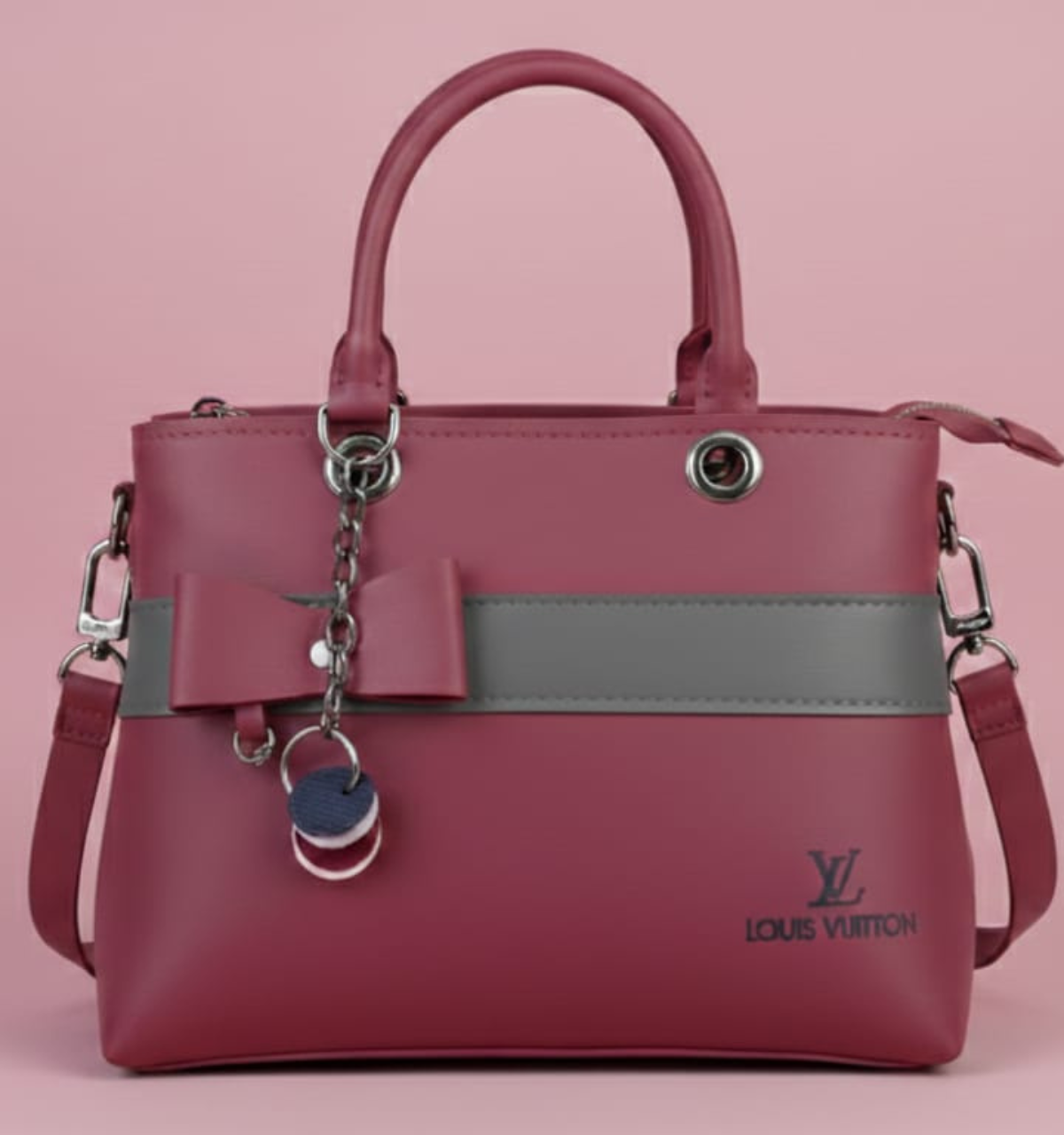 Dual-Handle Crossbody Bag with Grey Stripe and Bow