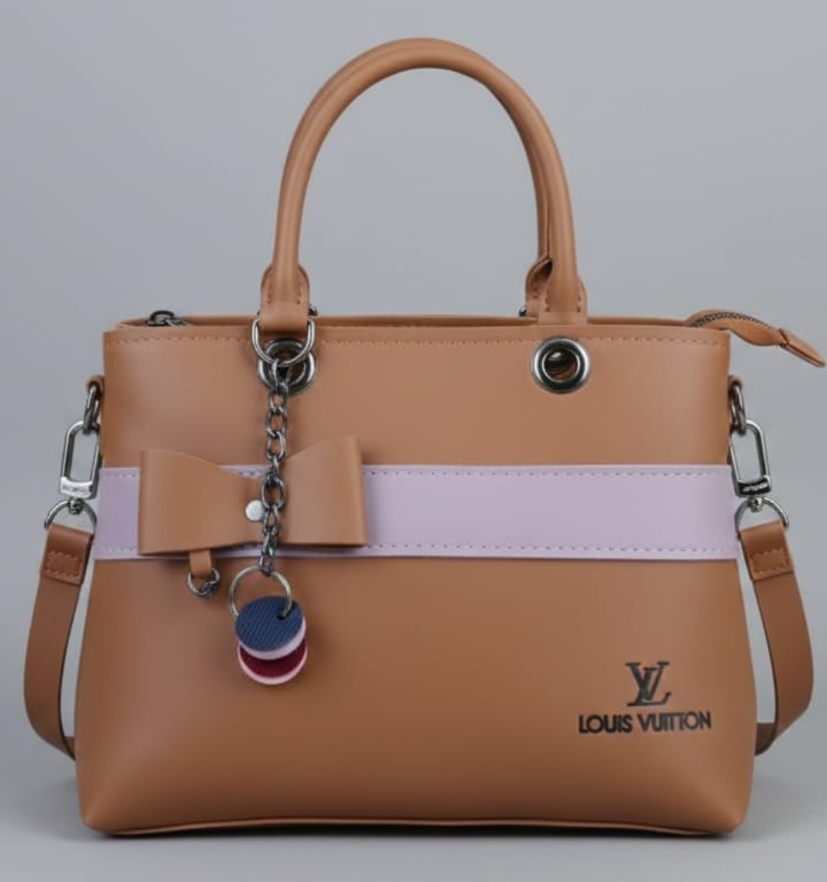 Dual-Handle Tan Crossbody Bag with Lilac Stripe and Bow