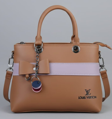 Dual-Handle Tan Crossbody Bag with Lilac Stripe and Bow