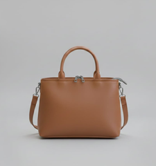 Dual-Handle Tan Crossbody Bag with Lilac Stripe and Bow