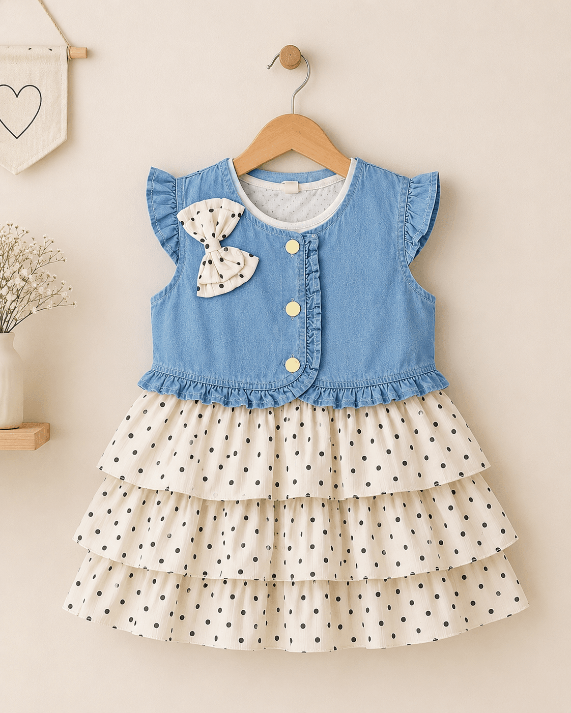 Girls Denim Jacket Dotted Frock