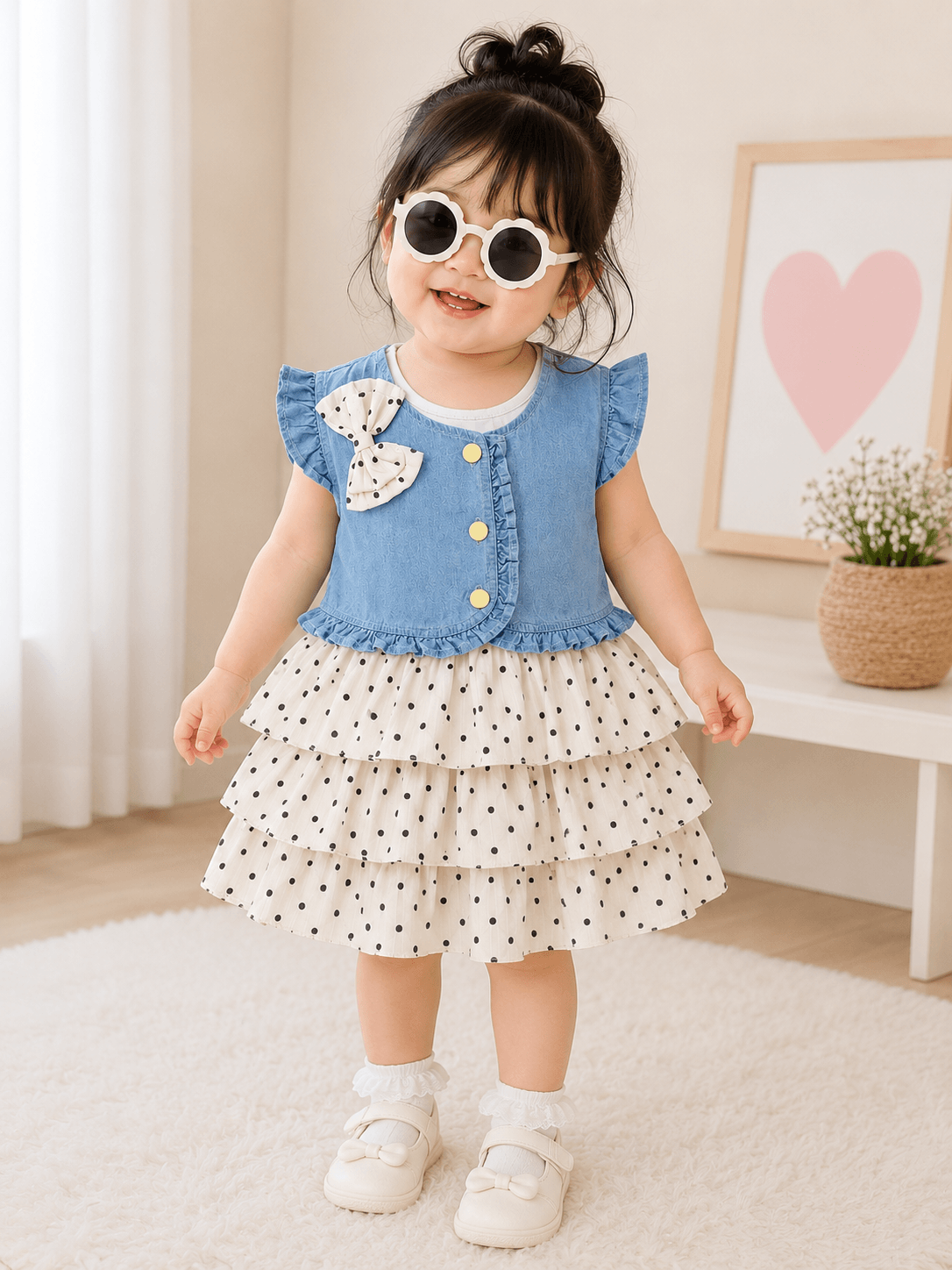 Girls Denim Jacket Dotted Frock