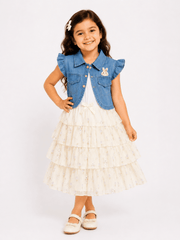 Girls Denim Jacket Printed Frock
